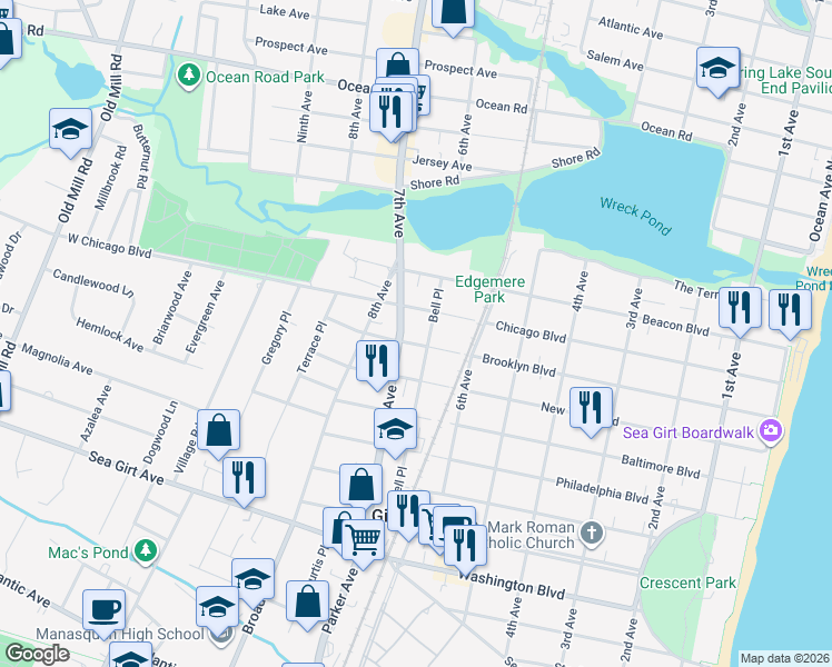 map of restaurants, bars, coffee shops, grocery stores, and more near 621 Brooklyn Blvd in Sea Girt