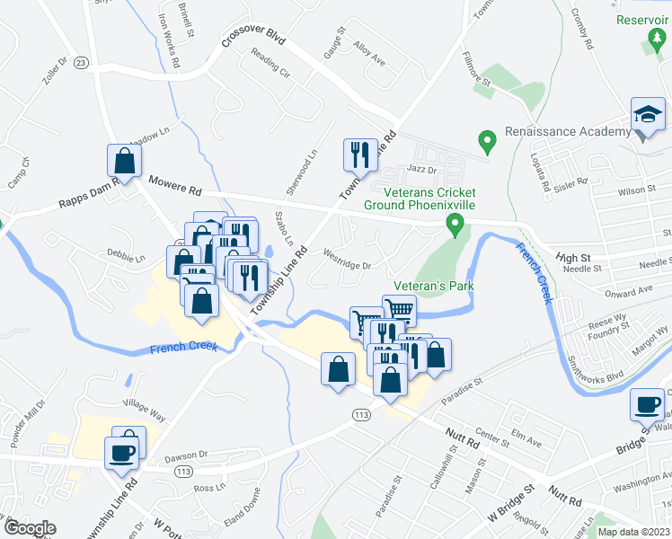 map of restaurants, bars, coffee shops, grocery stores, and more near 305 Westridge Circle in Phoenixville