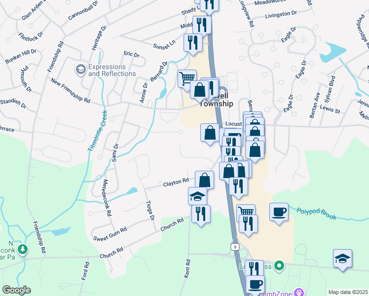 map of restaurants, bars, coffee shops, grocery stores, and more near 110 Seminole Court in Howell Township
