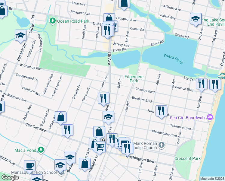 map of restaurants, bars, coffee shops, grocery stores, and more near 621 Brooklyn Boulevard in Sea Girt