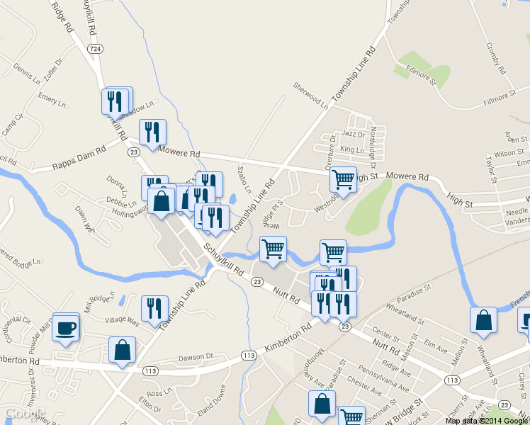 map of restaurants, bars, coffee shops, grocery stores, and more near 115 Westridge Place South in Phoenixville