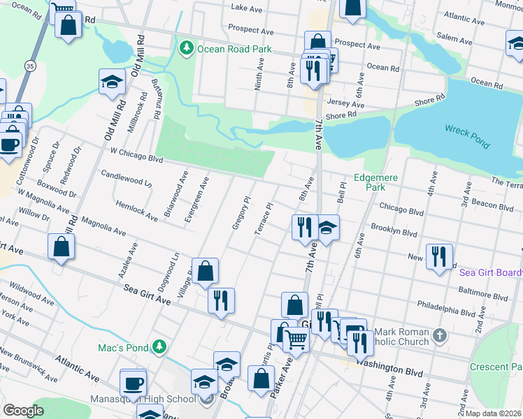 map of restaurants, bars, coffee shops, grocery stores, and more near 2157 Terrace Pl in Sea Girt