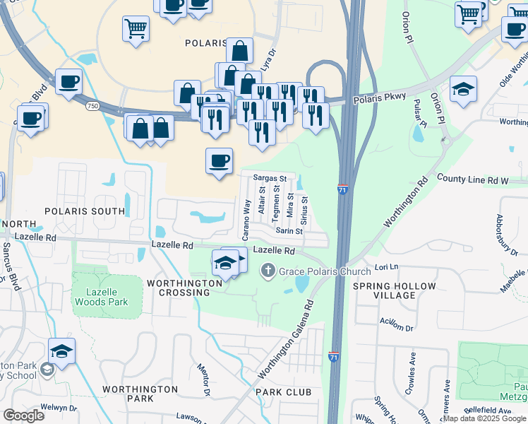 map of restaurants, bars, coffee shops, grocery stores, and more near 8270 Altair Street in Columbus