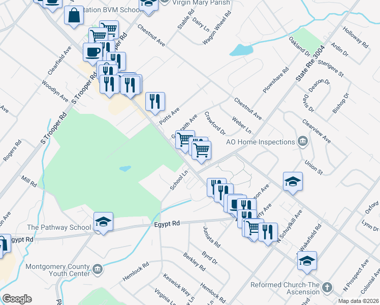 map of restaurants, bars, coffee shops, grocery stores, and more near 18 Miami Road in Eagleville