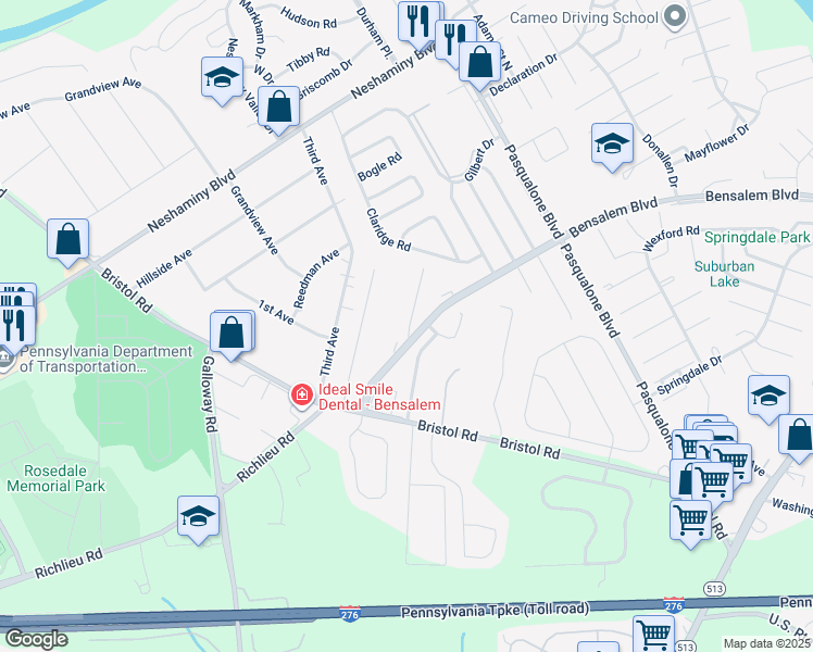 map of restaurants, bars, coffee shops, grocery stores, and more near 4834 Oxford Court in Bensalem