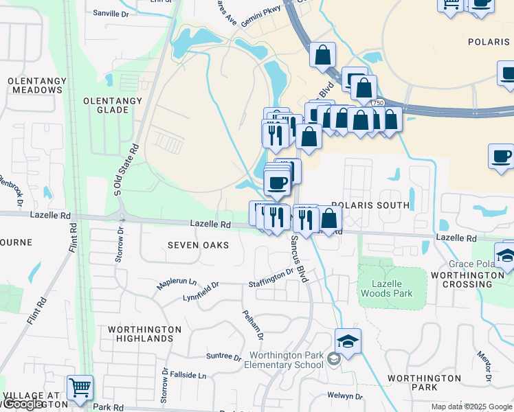 map of restaurants, bars, coffee shops, grocery stores, and more near 480 Lazelle Road in Columbus
