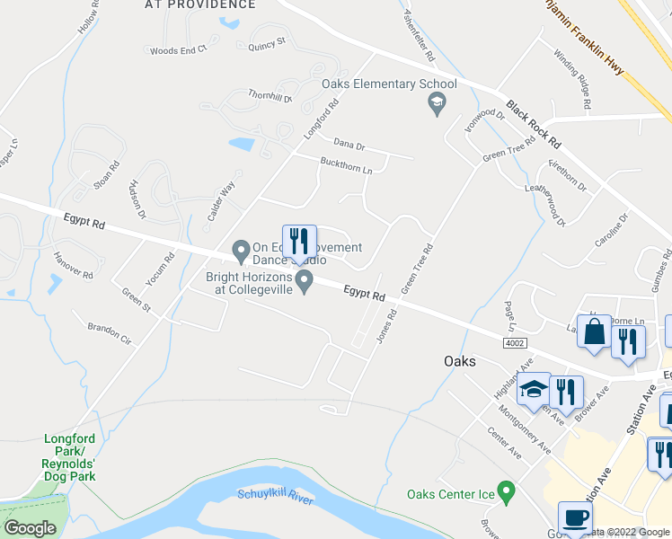 map of restaurants, bars, coffee shops, grocery stores, and more near 15 Pin Oak Drive in Phoenixville