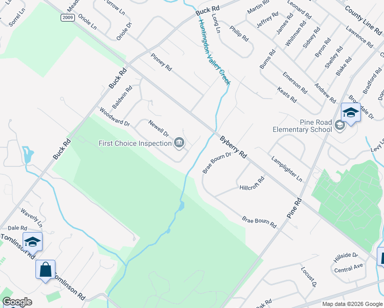 map of restaurants, bars, coffee shops, grocery stores, and more near 3399 Woodward Road in Montgomery County
