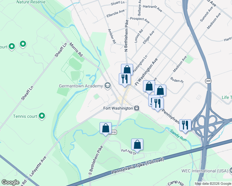 map of restaurants, bars, coffee shops, grocery stores, and more near 343 Morris Road in Fort Washington