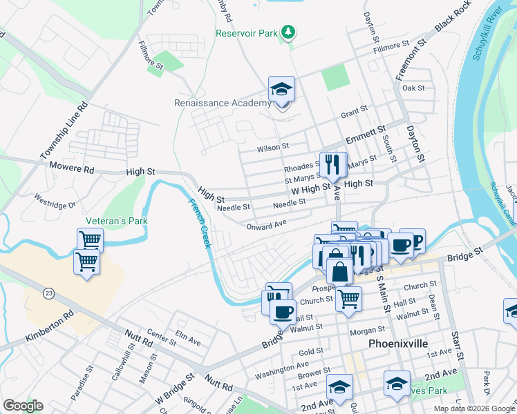 map of restaurants, bars, coffee shops, grocery stores, and more near 564 Needle Street in Phoenixville