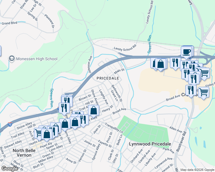 map of restaurants, bars, coffee shops, grocery stores, and more near 209 Johnson Avenue in Belle Vernon