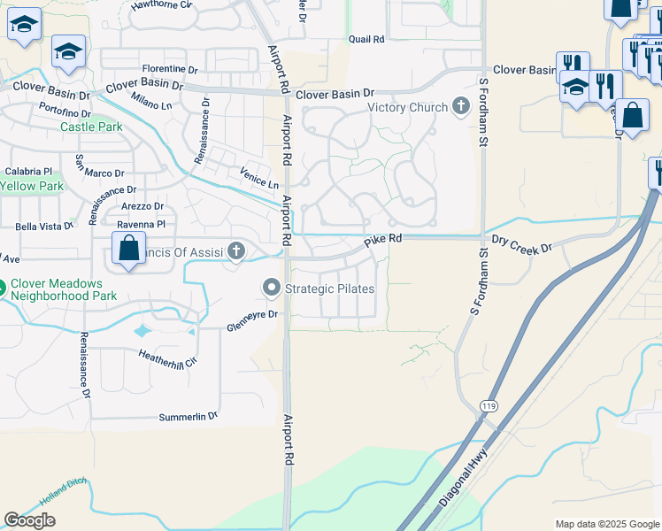 map of restaurants, bars, coffee shops, grocery stores, and more near 3404 Feather Reed Avenue in Longmont