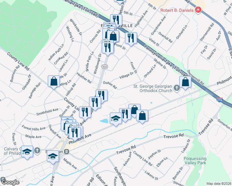 map of restaurants, bars, coffee shops, grocery stores, and more near 29 Dolton Road in Feasterville-Trevose