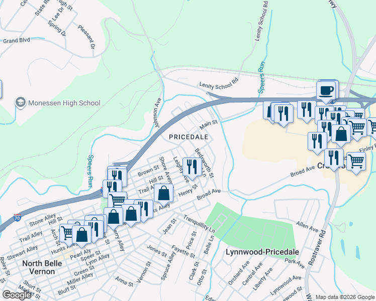 map of restaurants, bars, coffee shops, grocery stores, and more near 209 Johnson Avenue in Belle Vernon