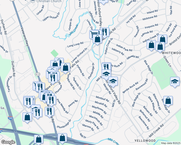 map of restaurants, bars, coffee shops, grocery stores, and more near 2 Peppermint Road in Levittown