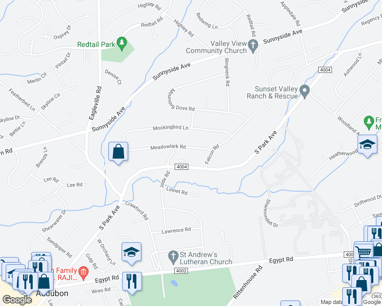 map of restaurants, bars, coffee shops, grocery stores, and more near 616 Meadowlark Road in Eagleville