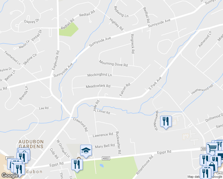 map of restaurants, bars, coffee shops, grocery stores, and more near 616 Meadowlark Road in Eagleville