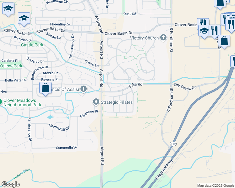 map of restaurants, bars, coffee shops, grocery stores, and more near 3404 Feather Reed Avenue in Longmont