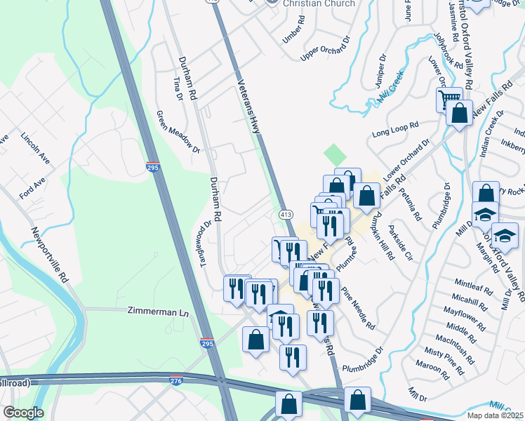 map of restaurants, bars, coffee shops, grocery stores, and more near 2130 Veterans Highway in Levittown