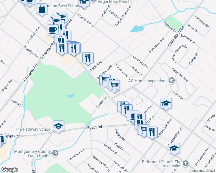 map of restaurants, bars, coffee shops, grocery stores, and more near 18 Miami Road in Eagleville