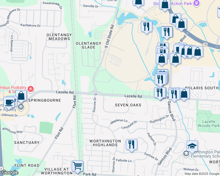 map of restaurants, bars, coffee shops, grocery stores, and more near 585 Lumination Avenue in Columbus