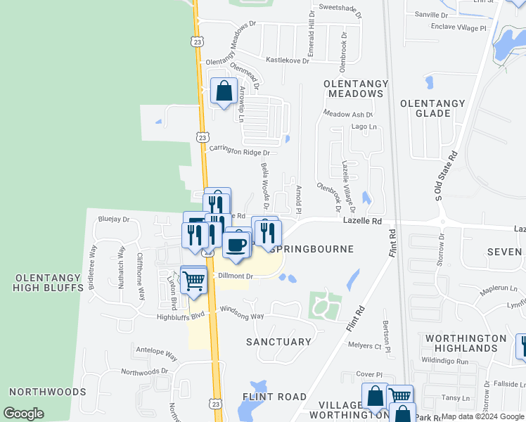 map of restaurants, bars, coffee shops, grocery stores, and more near 8525 Remington Hills Circle in Columbus