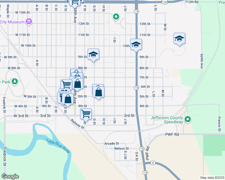 map of restaurants, bars, coffee shops, grocery stores, and more near 525 I Street in Fairbury
