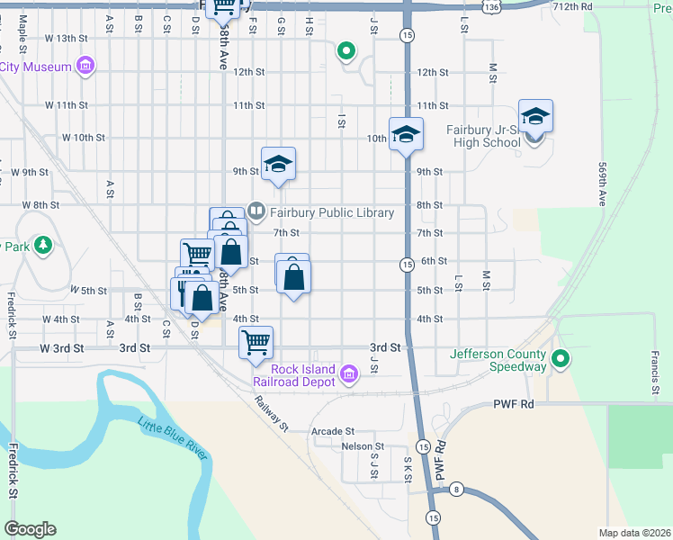 map of restaurants, bars, coffee shops, grocery stores, and more near 525 I Street in Fairbury