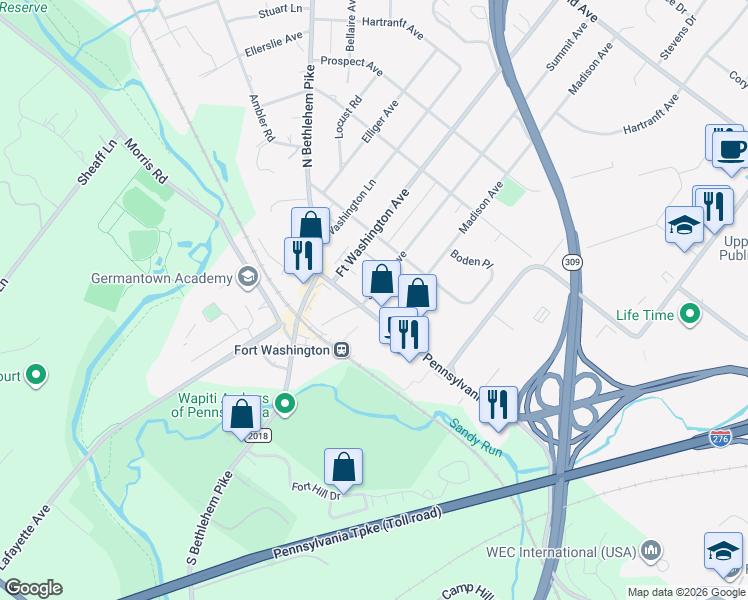 map of restaurants, bars, coffee shops, grocery stores, and more near 105 Summit Avenue in Fort Washington