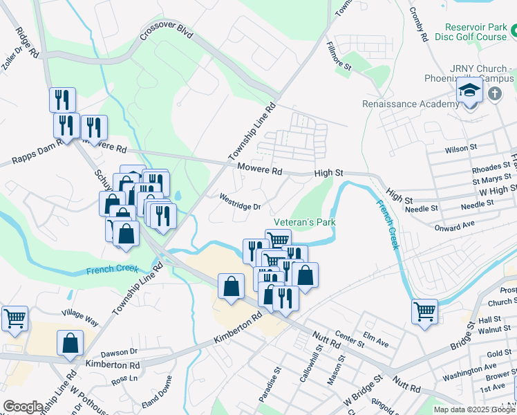 map of restaurants, bars, coffee shops, grocery stores, and more near 439 Westridge Drive in Phoenixville