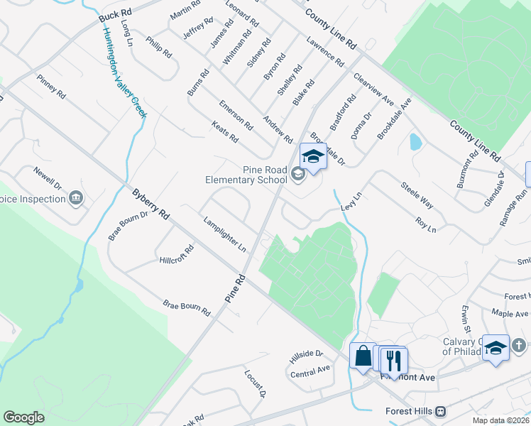 map of restaurants, bars, coffee shops, grocery stores, and more near 3636 Pine Road in Montgomery County