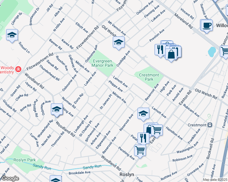 map of restaurants, bars, coffee shops, grocery stores, and more near 2623 Miriam Avenue in Abington