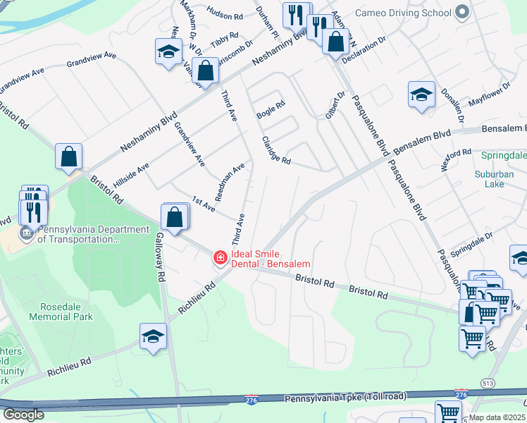 map of restaurants, bars, coffee shops, grocery stores, and more near 4800 Oxford Court in Bensalem
