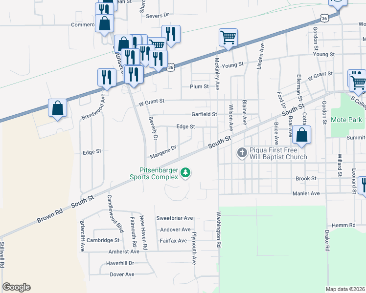 map of restaurants, bars, coffee shops, grocery stores, and more near 1539 Margene Drive in Piqua