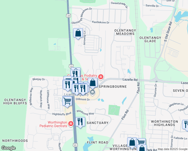 map of restaurants, bars, coffee shops, grocery stores, and more near 8495 Bella Woods Drive in Lewis Center