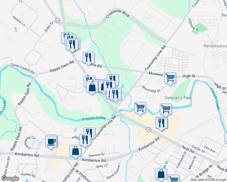 map of restaurants, bars, coffee shops, grocery stores, and more near 277 Schuylkill Rd in Phoenixville