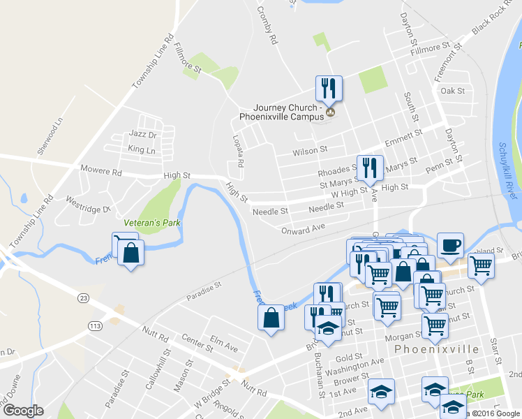 map of restaurants, bars, coffee shops, grocery stores, and more near 635 Needle Street in Phoenixville