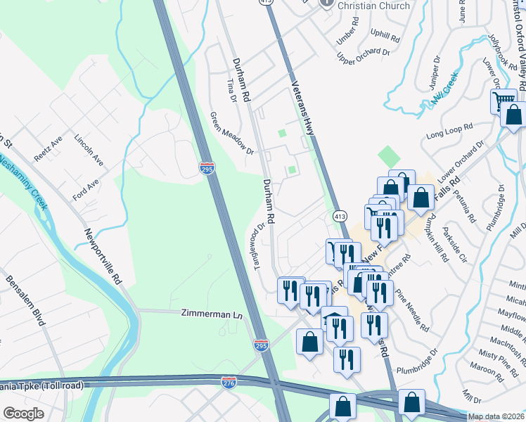 map of restaurants, bars, coffee shops, grocery stores, and more near 2132 Durham Road in Langhorne