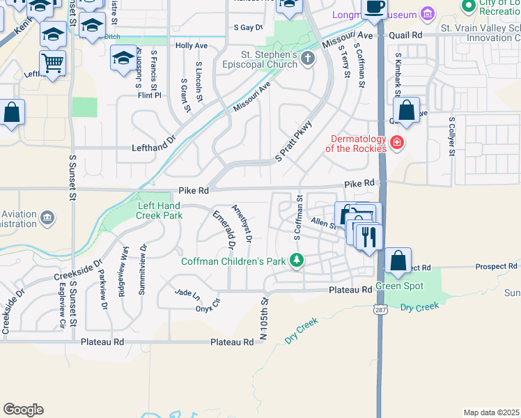 map of restaurants, bars, coffee shops, grocery stores, and more near 1100 Topaz Court in Longmont