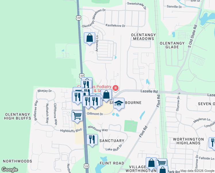 map of restaurants, bars, coffee shops, grocery stores, and more near 8525 Remington Hills Circle in Columbus