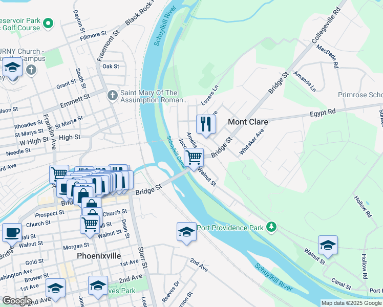 map of restaurants, bars, coffee shops, grocery stores, and more near 119 Jacobs Street in Mont Clare