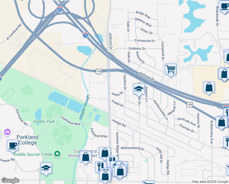 map of restaurants, bars, coffee shops, grocery stores, and more near 1728 Anita Drive in Champaign