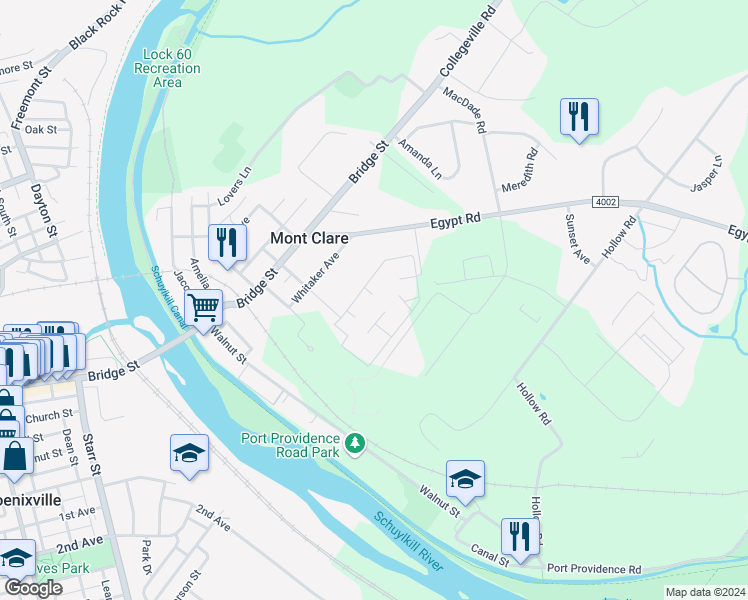 map of restaurants, bars, coffee shops, grocery stores, and more near 629 Meadowview Lane in Mont Clare