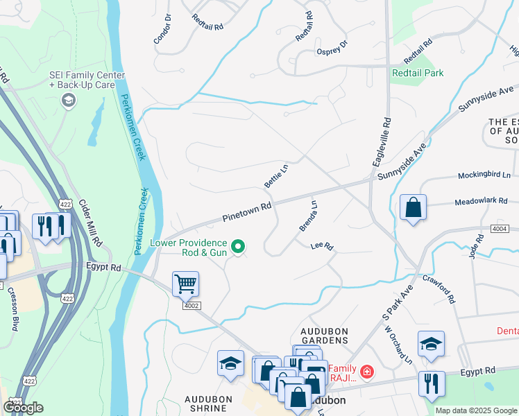 map of restaurants, bars, coffee shops, grocery stores, and more near 200 Pinetown Road in Eagleville