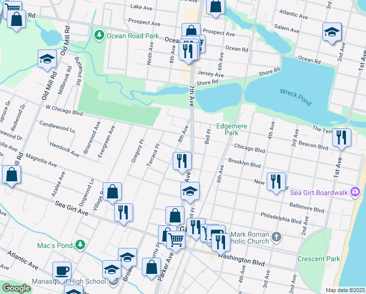 map of restaurants, bars, coffee shops, grocery stores, and more near 707 Brooklyn Blvd in Sea Girt