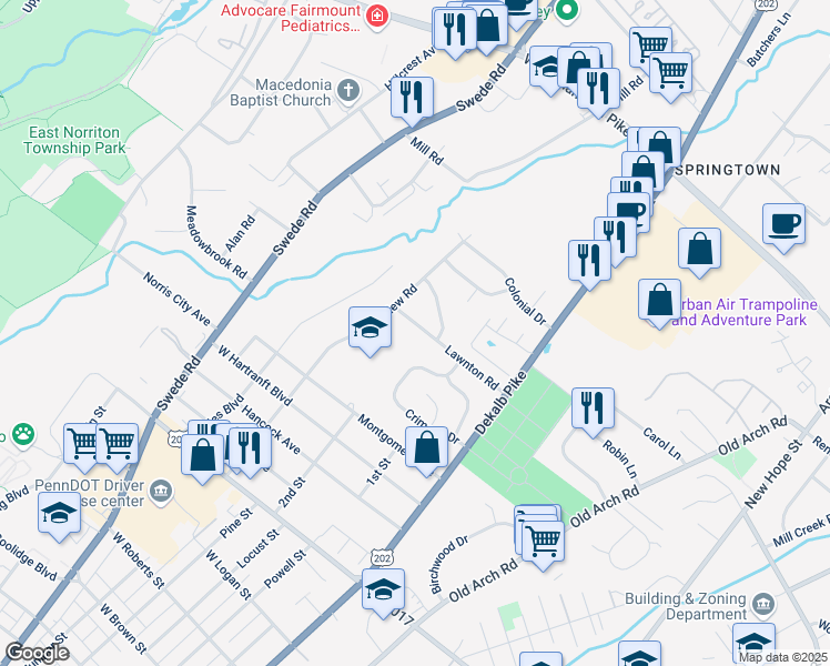 map of restaurants, bars, coffee shops, grocery stores, and more near 106 Lawnton Road in Norristown