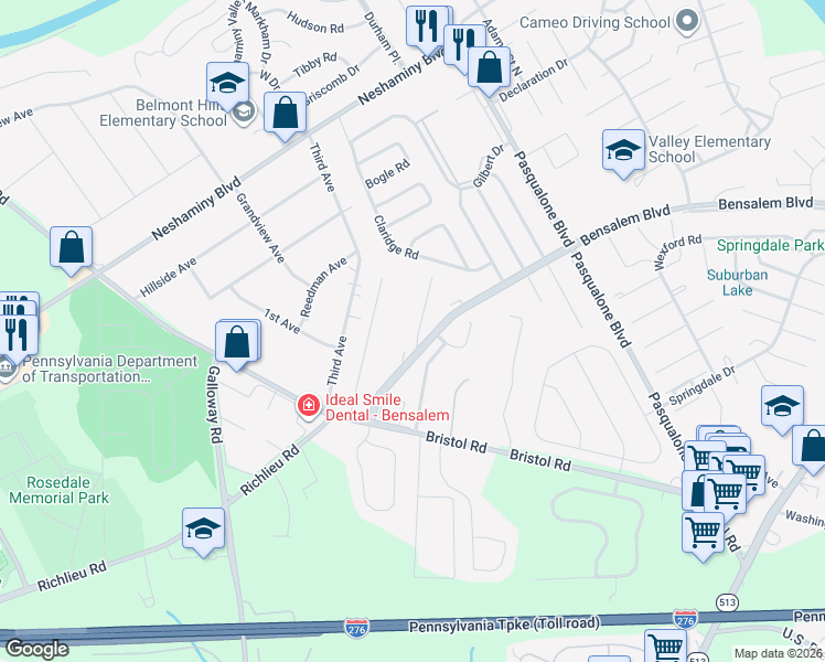 map of restaurants, bars, coffee shops, grocery stores, and more near 4914 Oxford Court in Bensalem
