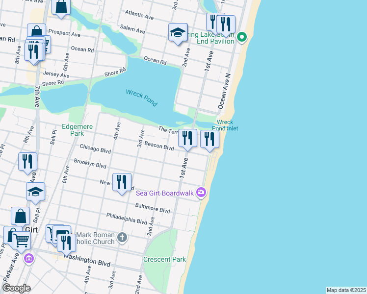 map of restaurants, bars, coffee shops, grocery stores, and more near 103 Beacon Boulevard in Sea Girt