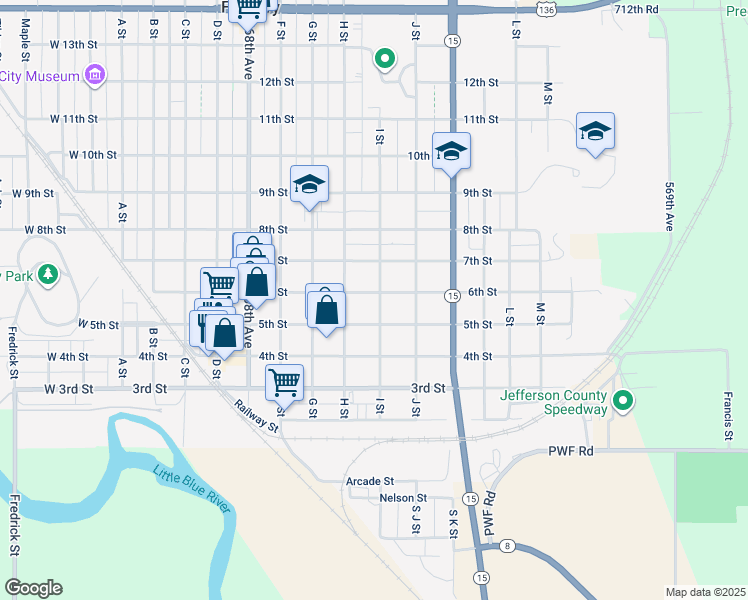 map of restaurants, bars, coffee shops, grocery stores, and more near 525 I Street in Fairbury