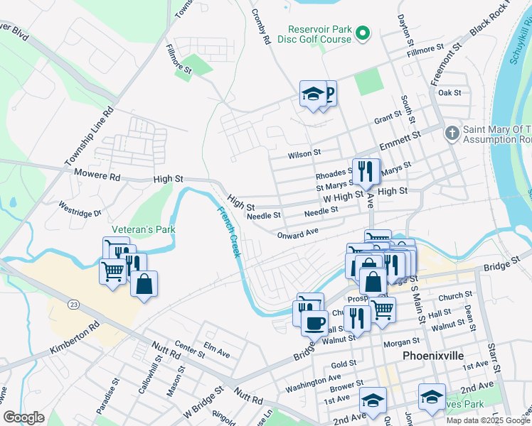 map of restaurants, bars, coffee shops, grocery stores, and more near 619 Needle Street in Phoenixville